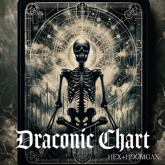 A skeletal figure sits cross-legged in meditation, surrounded by sacred geometry and astrological diagrams. The design evokes a soul blueprint beyond lifetimes. Gothic text reads “Draconic Chart” with the Hex+Hooligan logo.