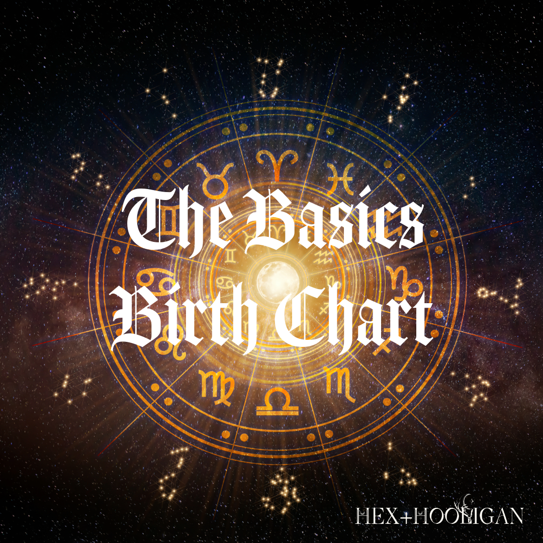 A glowing zodiac wheel spins at the center of a star-filled sky, highlighting constellations and planetary glyphs with golden light. Overlay text reads “The Basics Birth Chart” in gothic font.