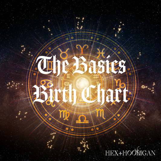A glowing zodiac wheel spins at the center of a star-filled sky, highlighting constellations and planetary glyphs with golden light. Overlay text reads “The Basics Birth Chart” in gothic font.