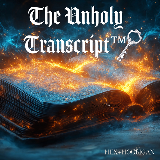 An ancient spellbook ignites with glowing embers and curling flames, symbolizing The Unholy Transcript™ — a dark-mode, ritual-grade astrology report from Hex+Hooligan.
