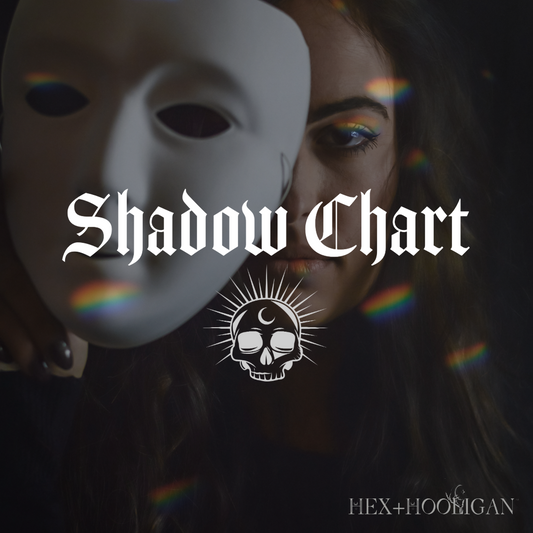 A woman removes a white mask, revealing one half of her face with intense eye contact. Rainbow light fractures the shadowed image. Text reads “Shadow Chart” above a lunar skull icon.